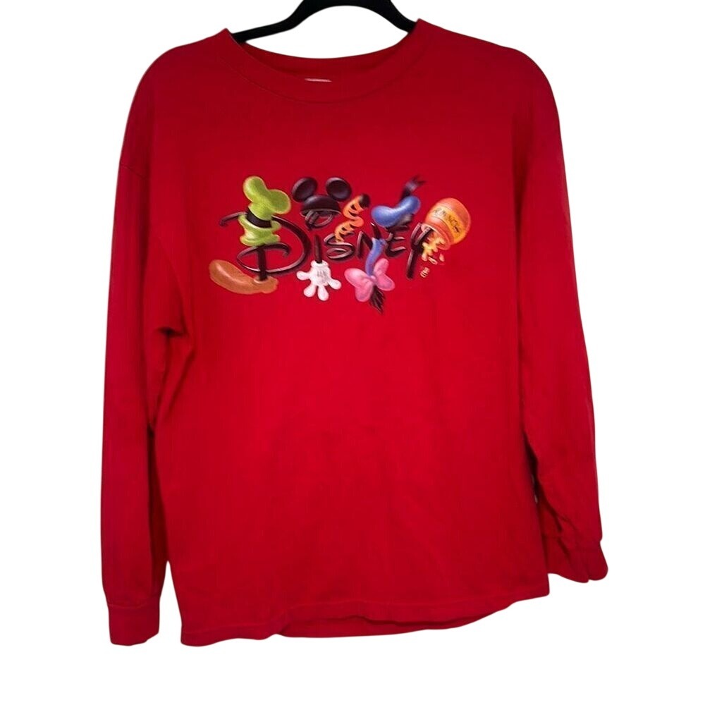 Vintage 2000's Disney Mens Red Crew Neck Long Sleeve T-shirt Large‎